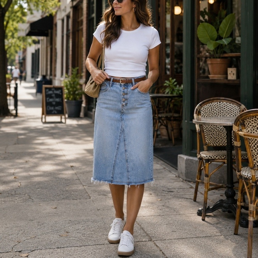 The Main Street Exchange Size 4 Light Wash Denim Midi Skirt Button Fly Raw Hem